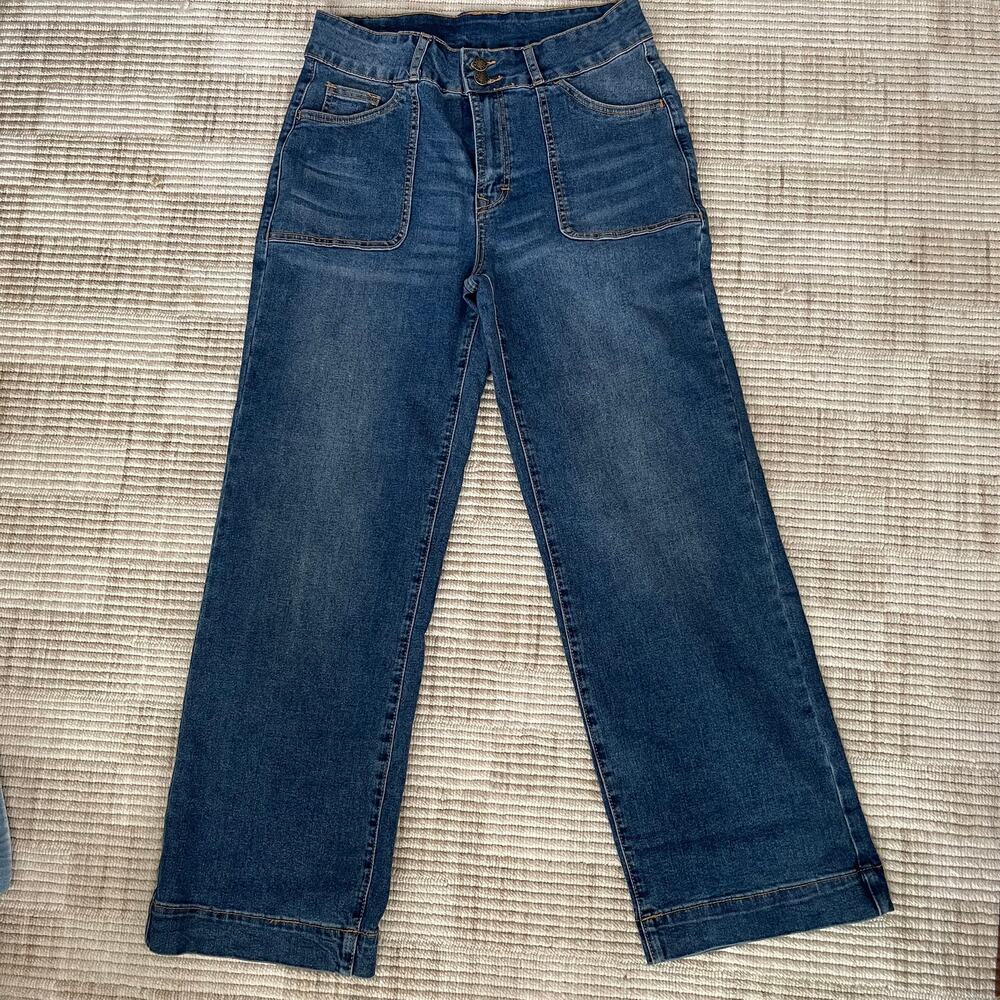 Women's High Waisted Wide Leg Medium Acid Wash Denim Jeans Size 12 By Sidefeel.